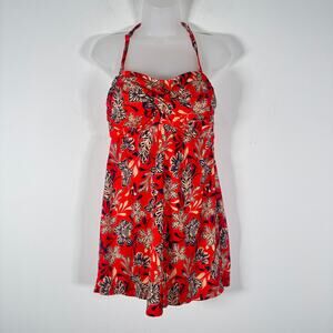 Garnet Hill Swimsuit Womens 12 Orange Floral Swimdress Piece‎ Built in Bra Beach